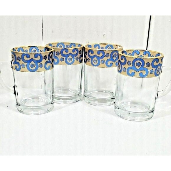 4 Gold Trim Demitasse Espresso Cups 4oz  blue liquor stained glass scrollwork - Picture 1 of 12